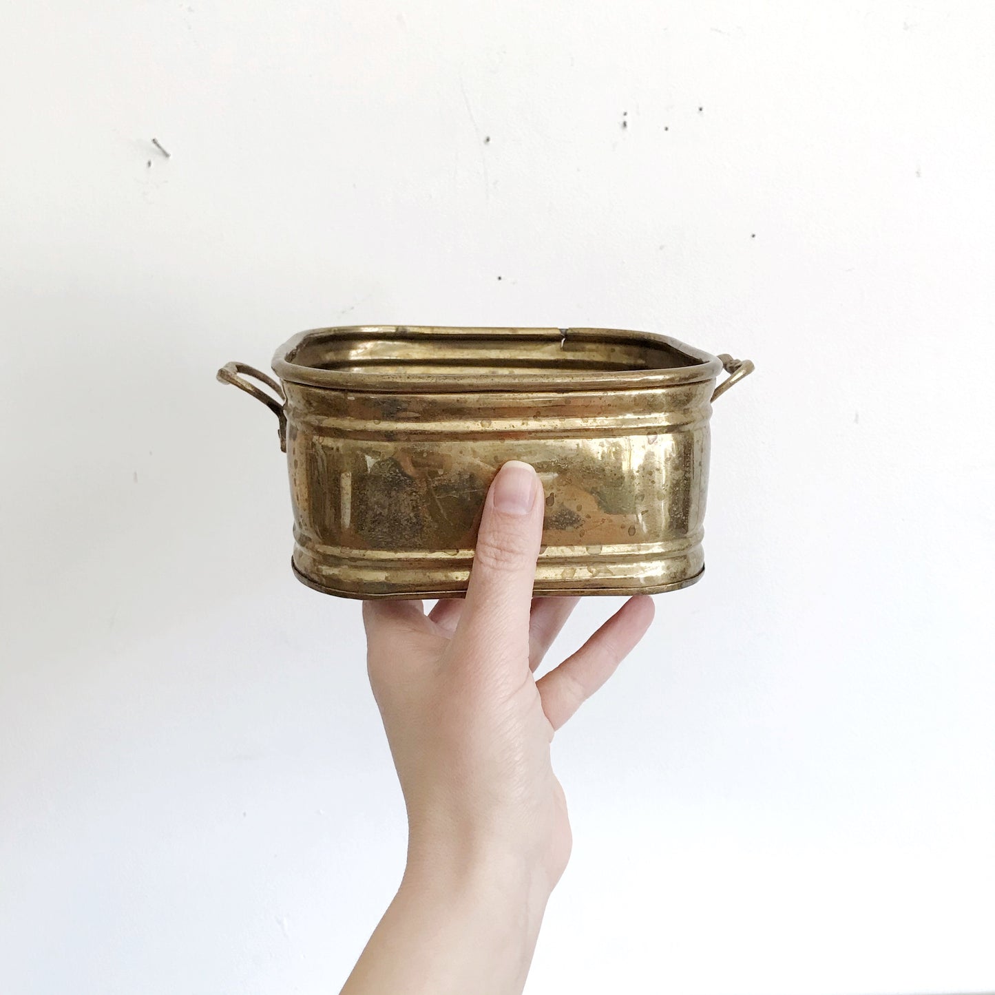 Vintage Square Brass Planter with Patina
