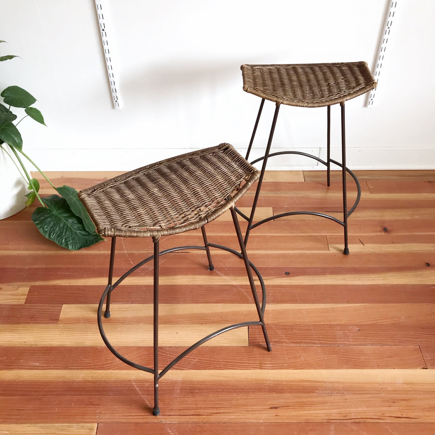Pair of Vintage Wicker Stools, Attr. Arthur Umanoff