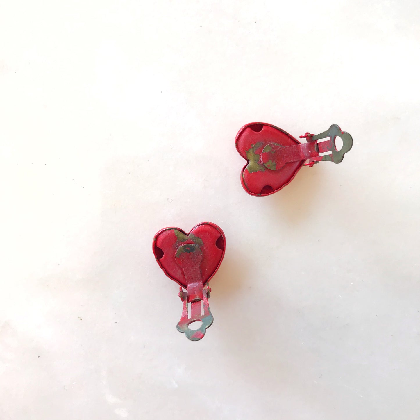 Vintage Red Enamel Heart Clip-On Earrings