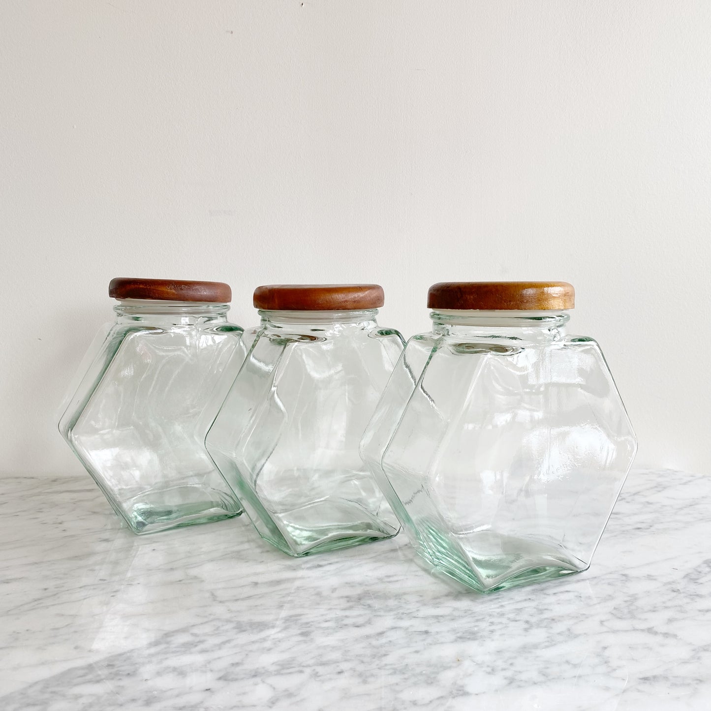 Vintage Glass Hexagon Container with Wood Lid