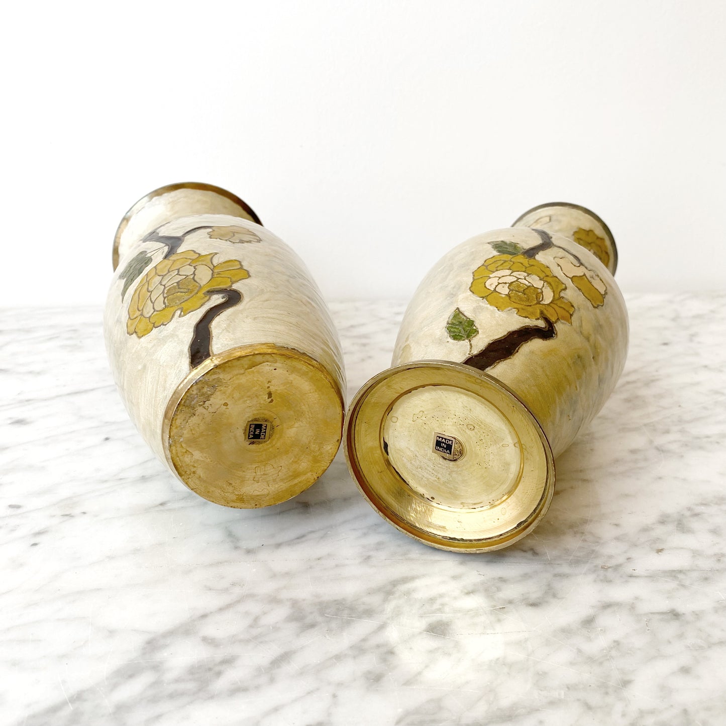 Large Vintage Enameled Brass Flower Vase