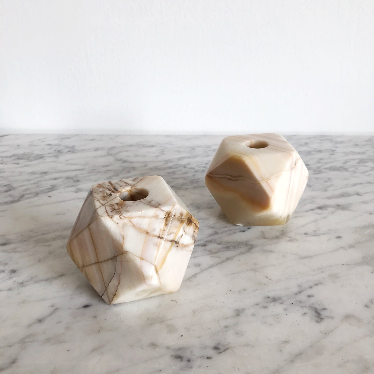 Pair of Vintage Geometric Marble Candle Holders