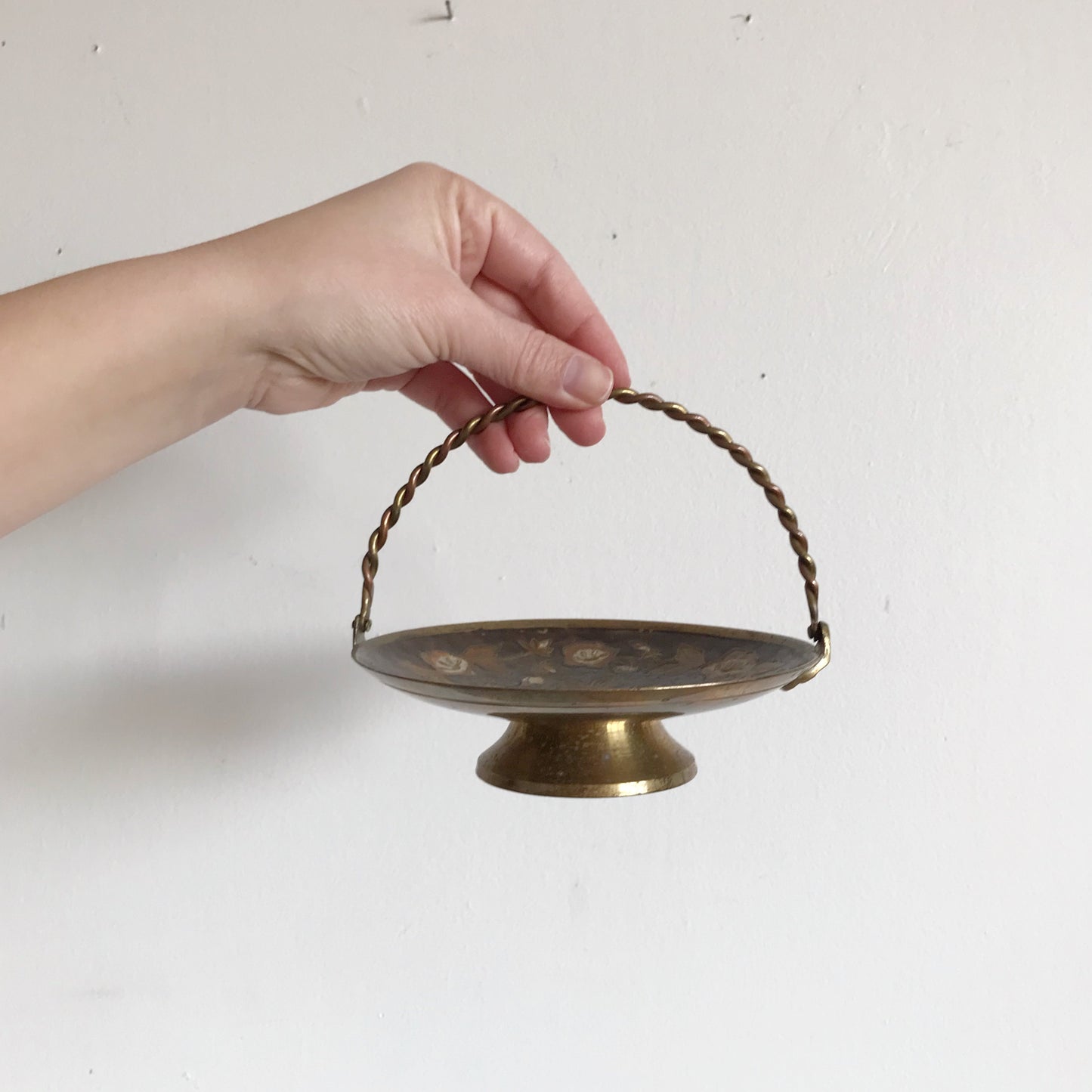 Vintage Brass Dish with Enameled Floral Design