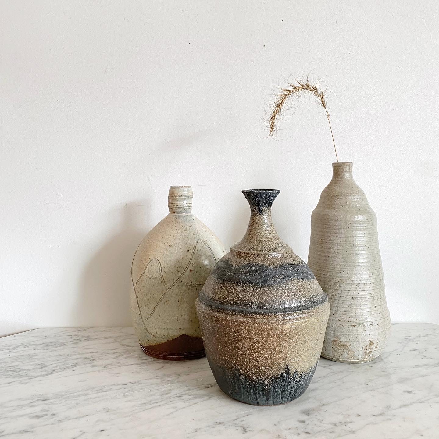 Vintage Pottery Jug with Etched Mountains