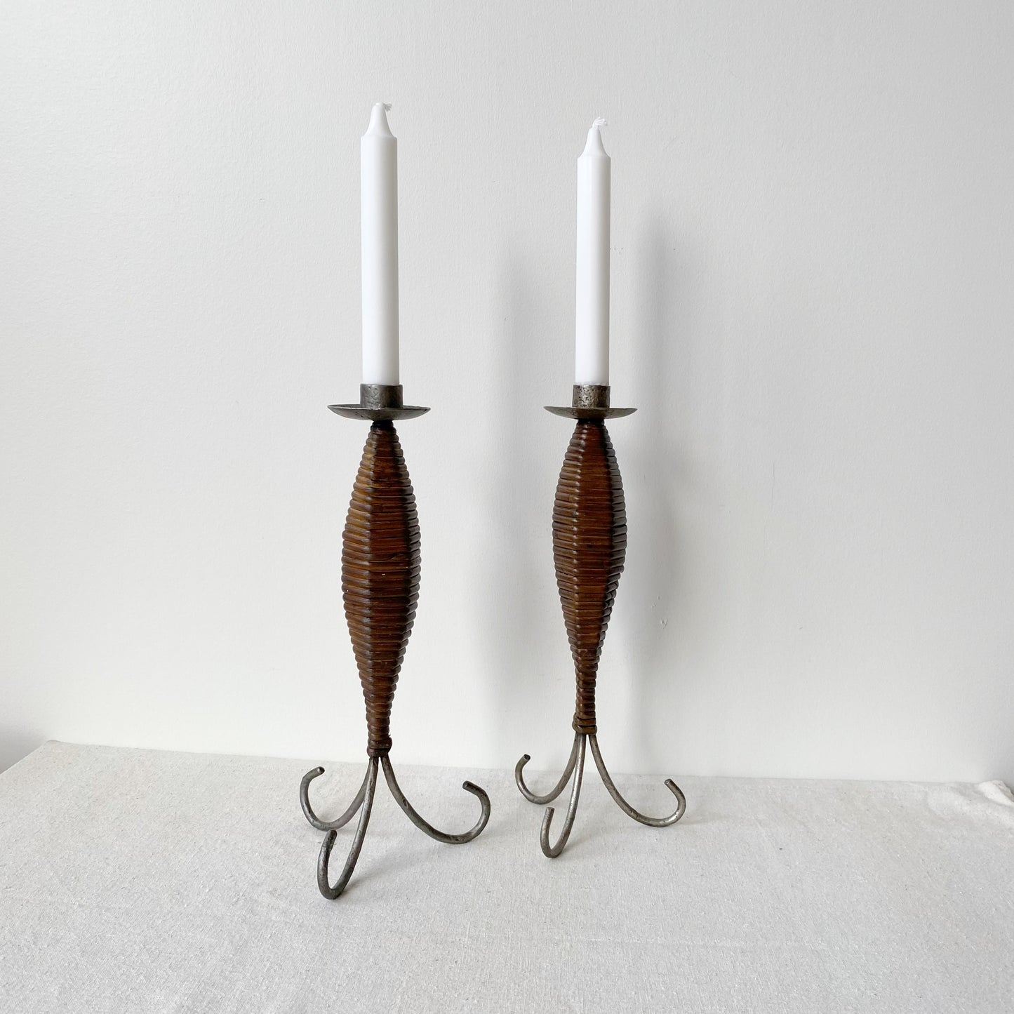 Pair of Vintage Wicker and Metal Candle Holders