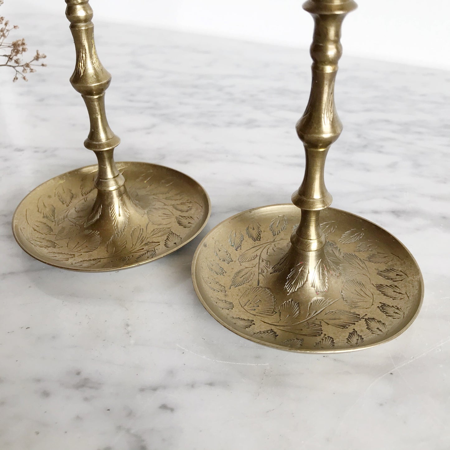 Pair of Vintage Etched Brass Candle Holders