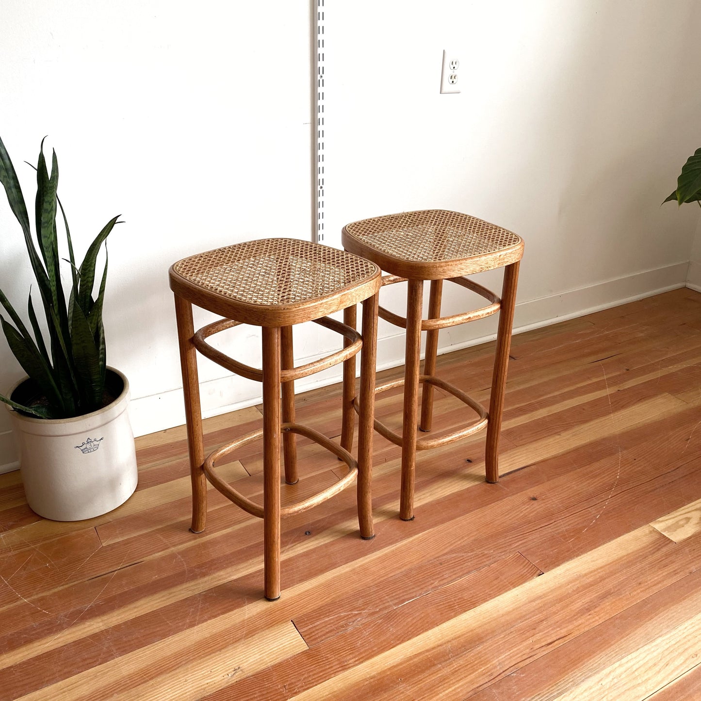 Pair of Bentwood Stools with Cane Seats