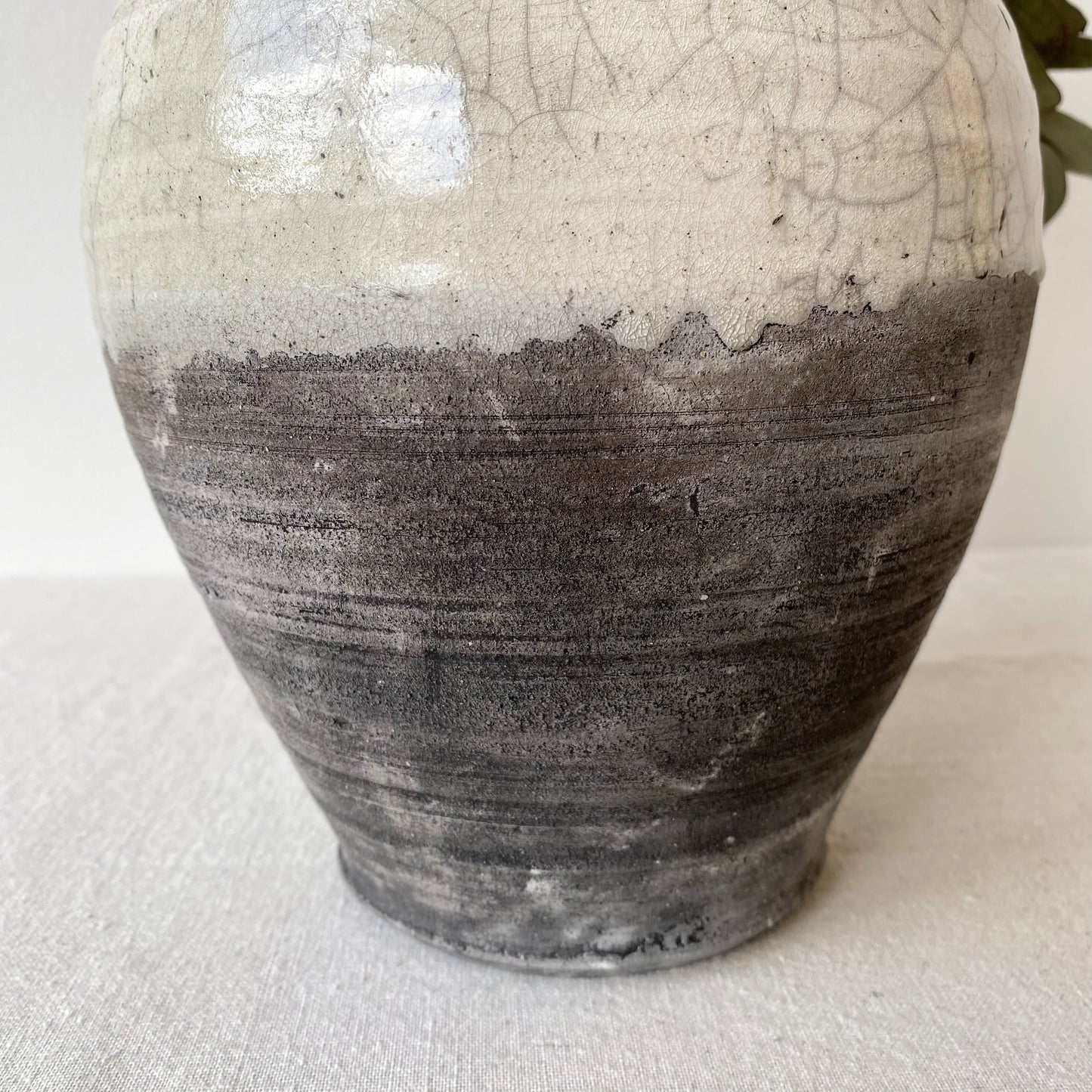 Large Vintage Clay Vase, Charcoal & White