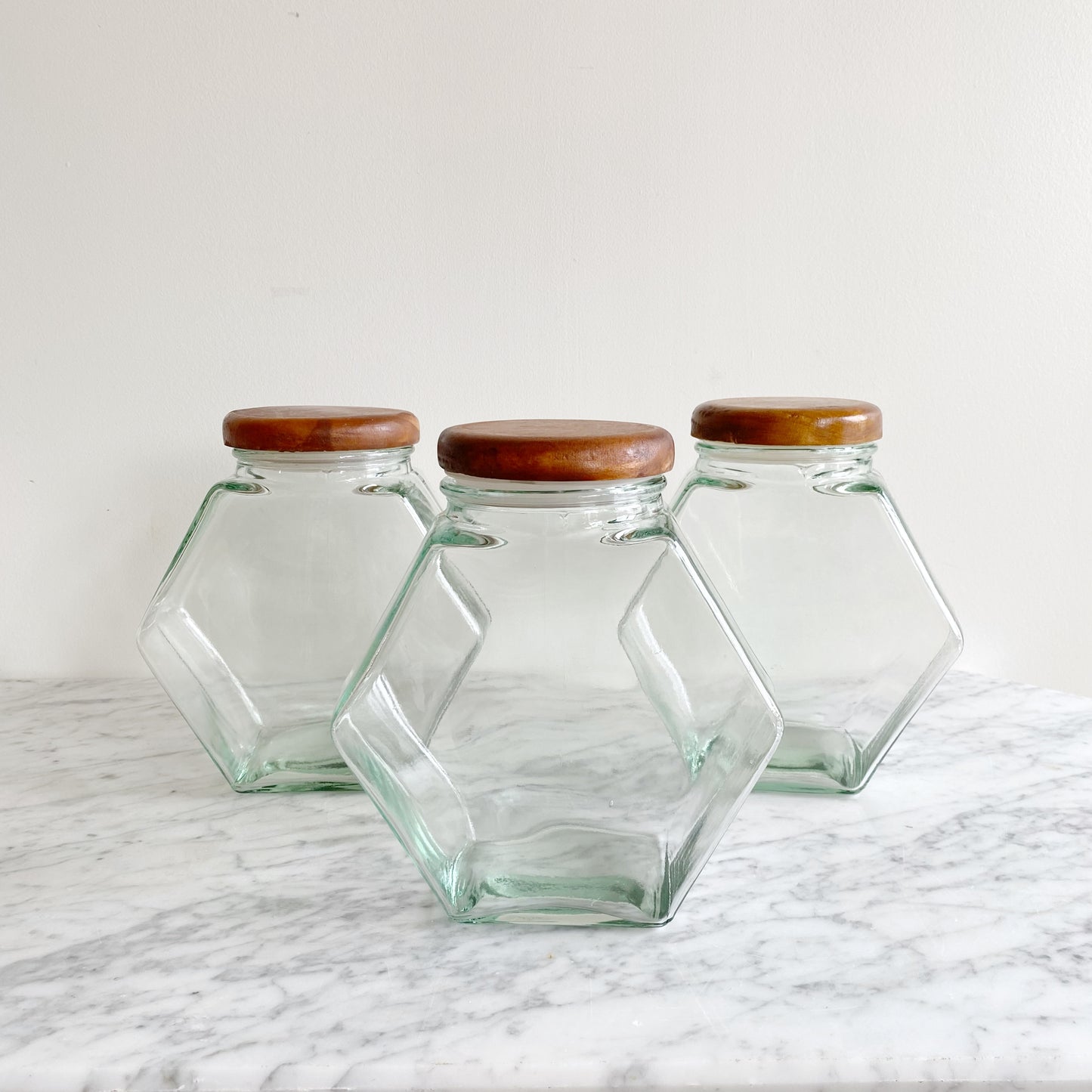 Vintage Glass Hexagon Container with Wood Lid