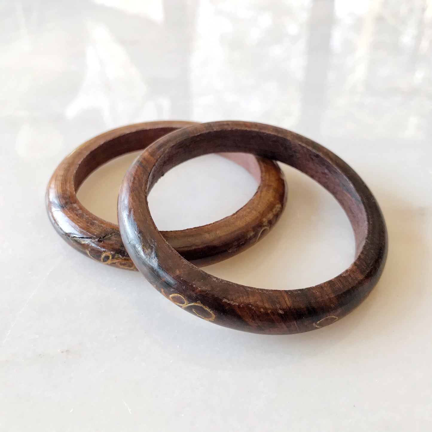 Pair of Vintage Wood Bangles with Brass Inlay