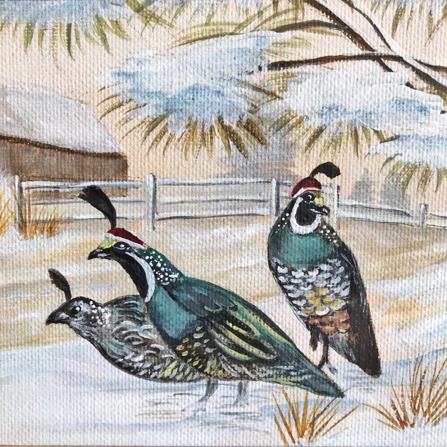 Snowy Quail Painting, Framed