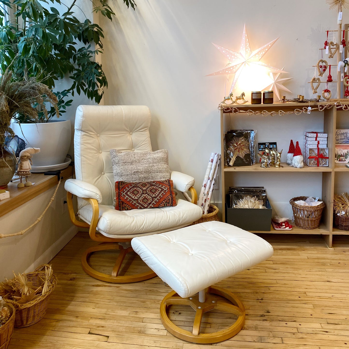 Vintage White Leather Recliner + Footrest by Plycraft