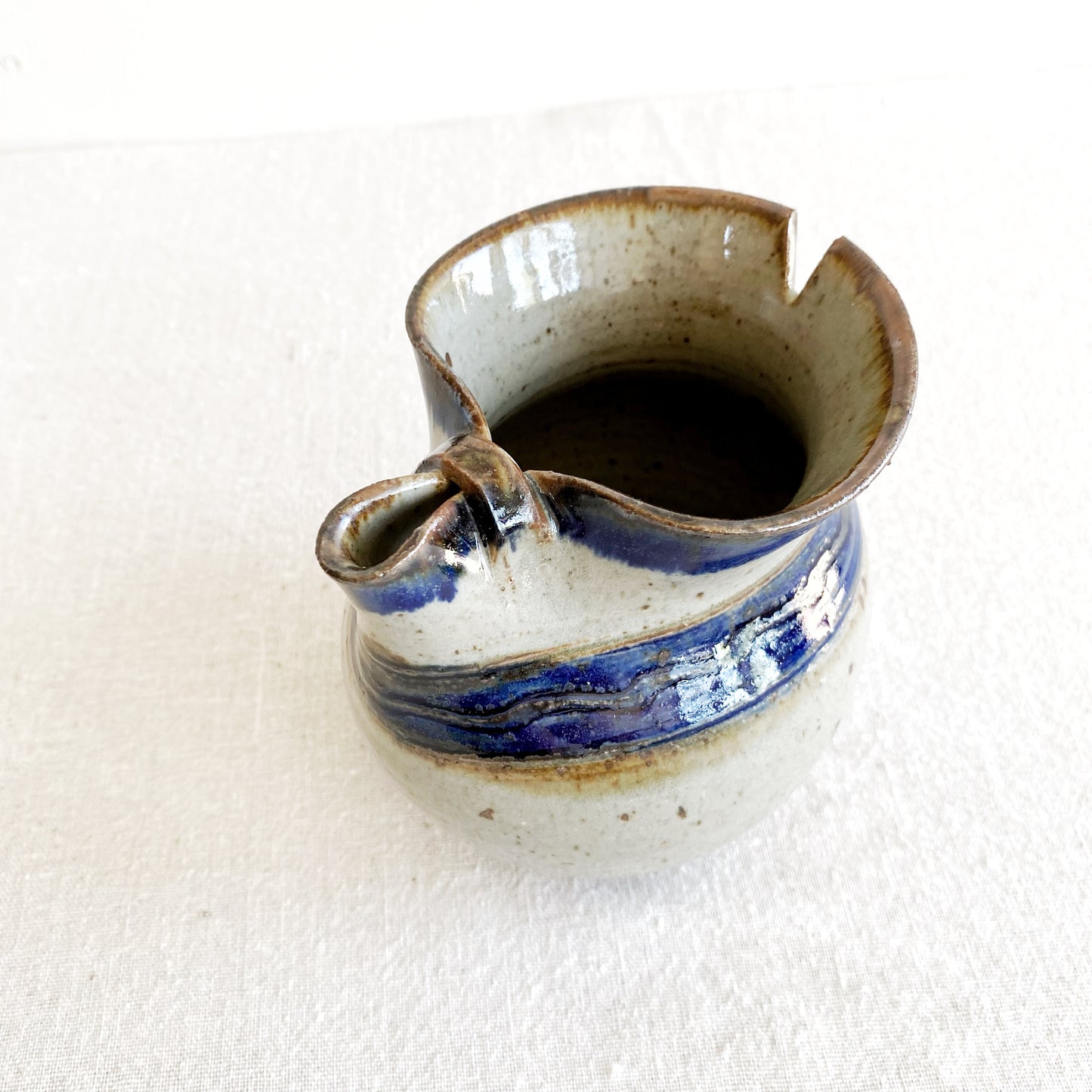 Vintage Handcrafted Stoneware Pitcher, Blue Stripe