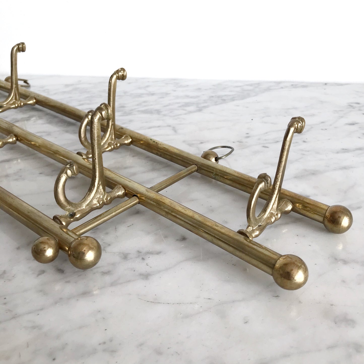 Vintage Solid Brass Coat Rack, 7 Double Hooks