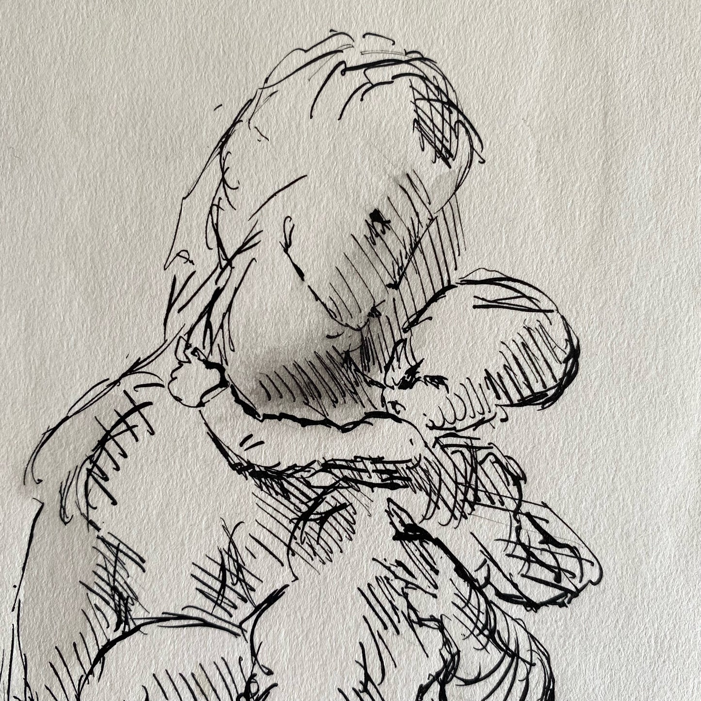 Vintage Original Ink Drawing, Woman + Child