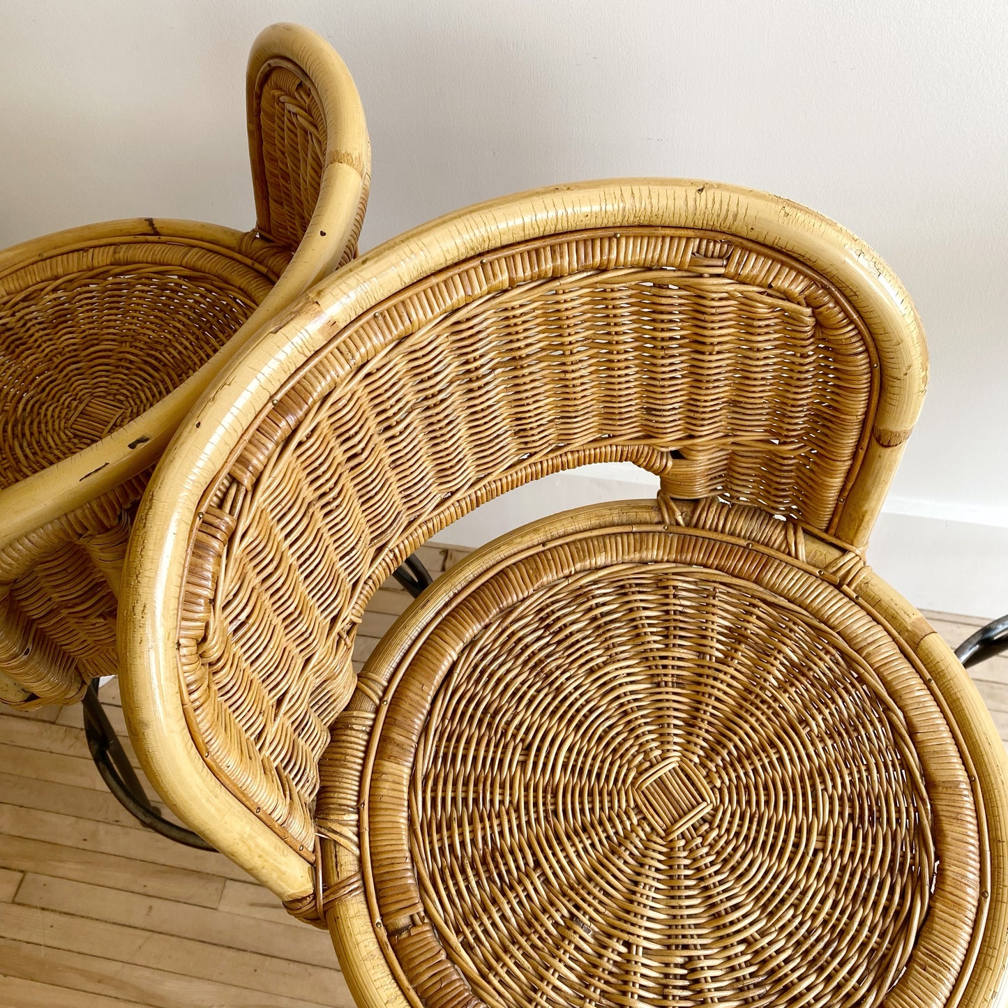 Set of 3 Vintage Mid-Century Wicker Barstools