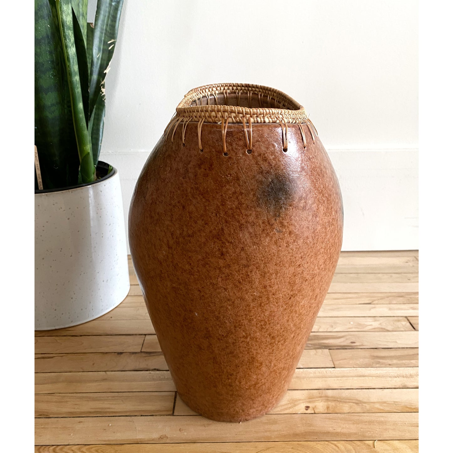 Oversized Vintage Clay Vase with Rattan Edge