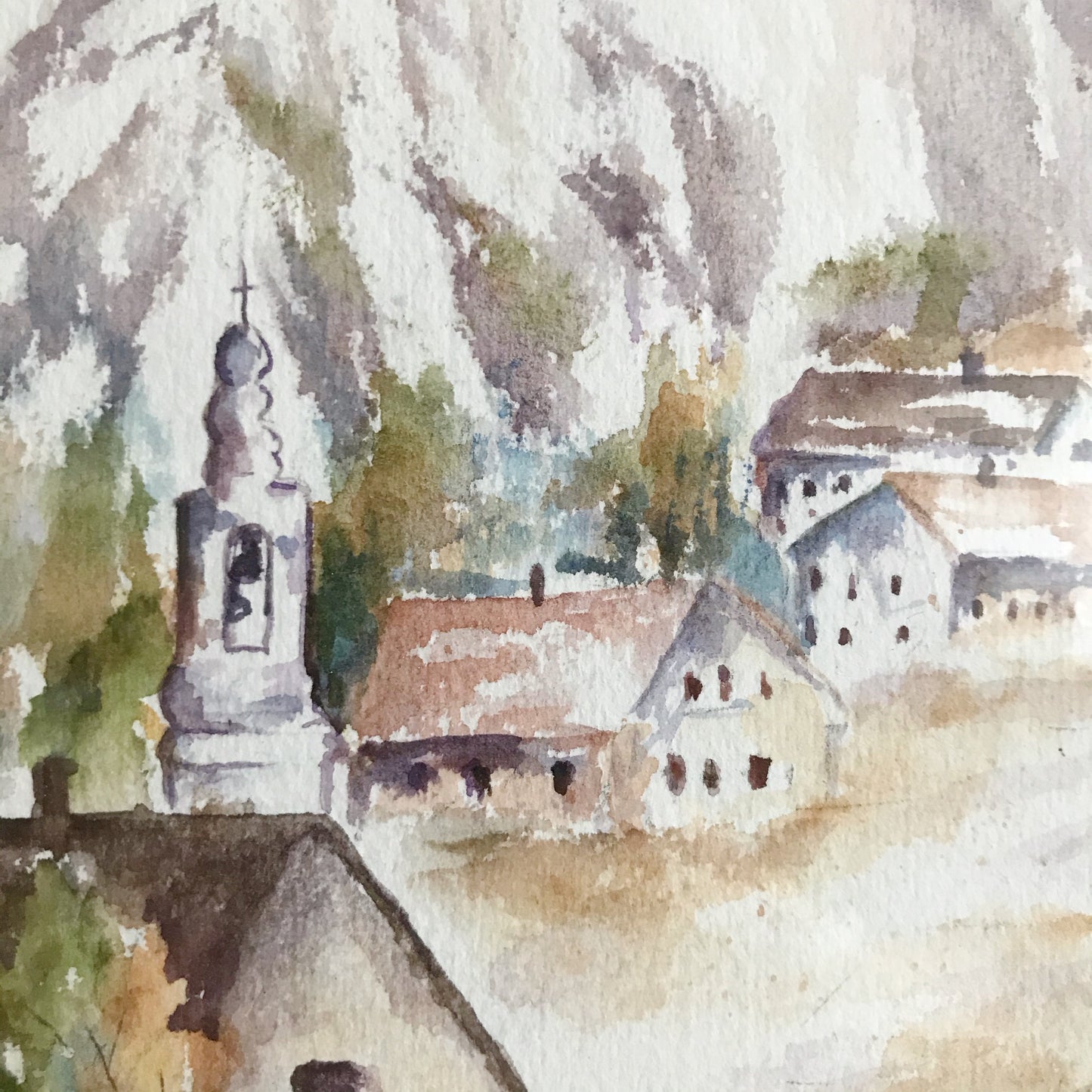 Original Watercolor Painting, Mountain Village