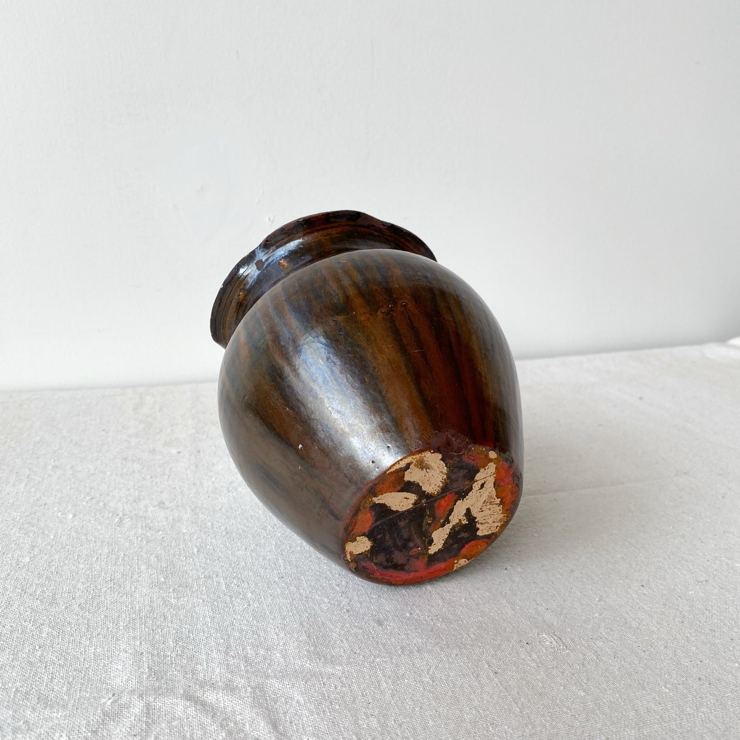 Vintage Black and Red Pottery Vessel with Ruffle Lip