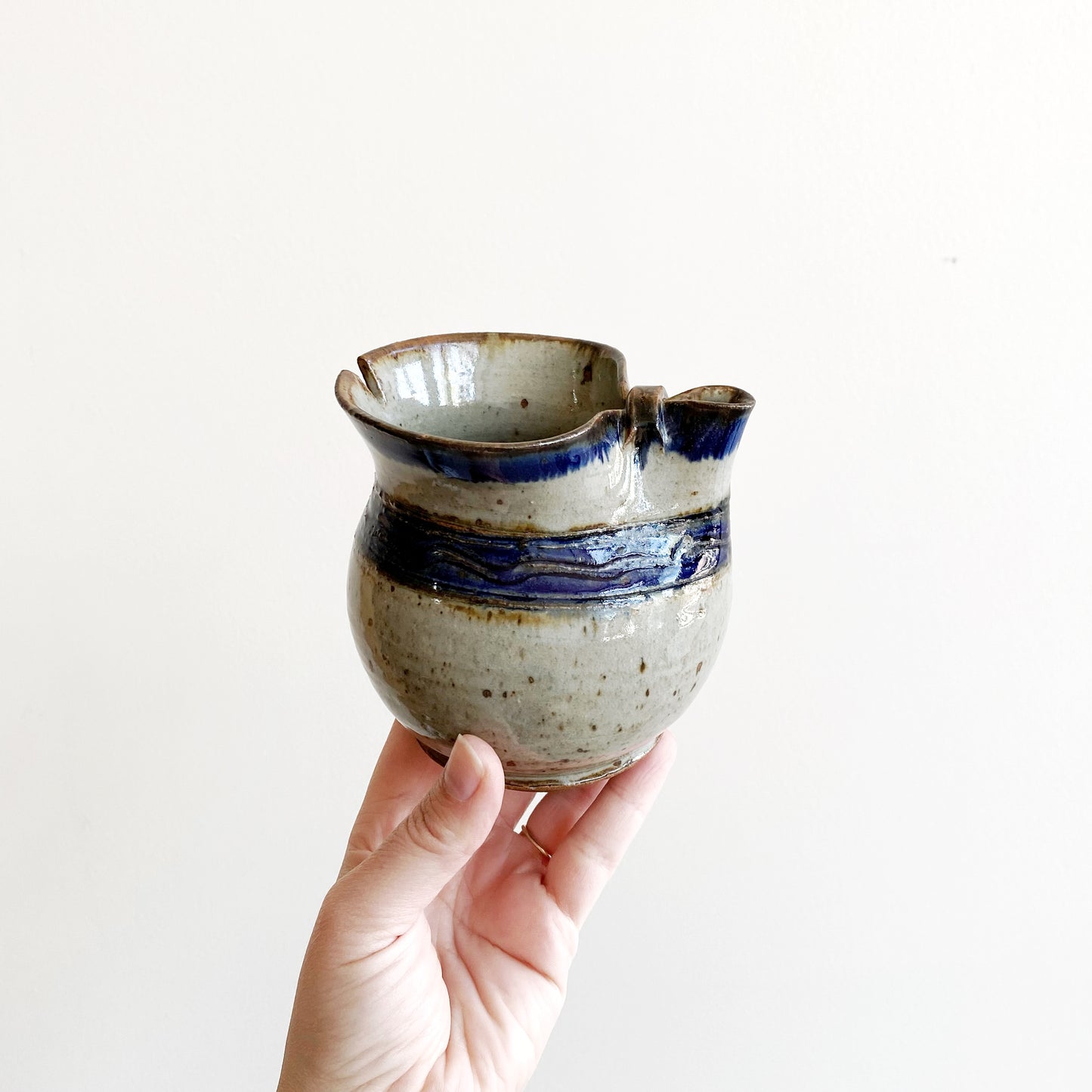 Vintage Handcrafted Stoneware Pitcher, Blue Stripe