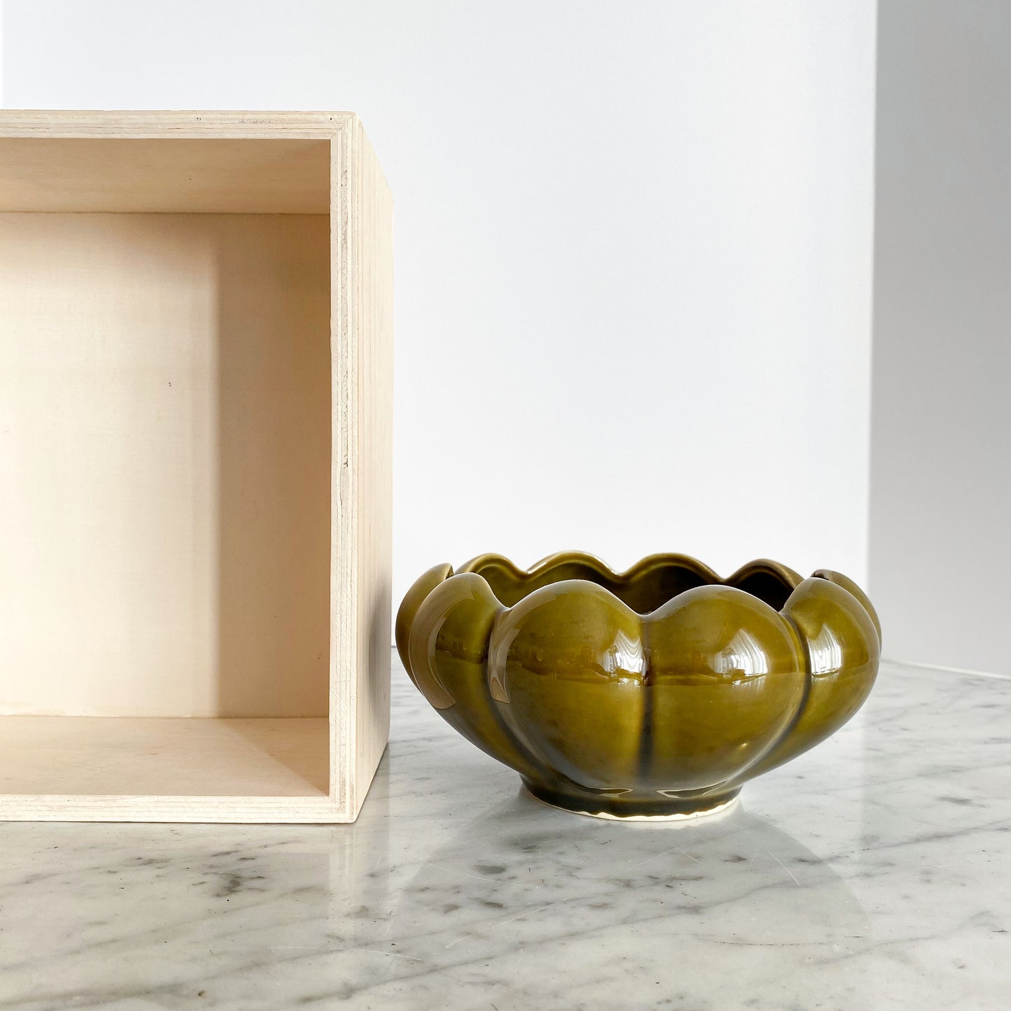 Vintage Ceramic Scalloped Planter in Olive