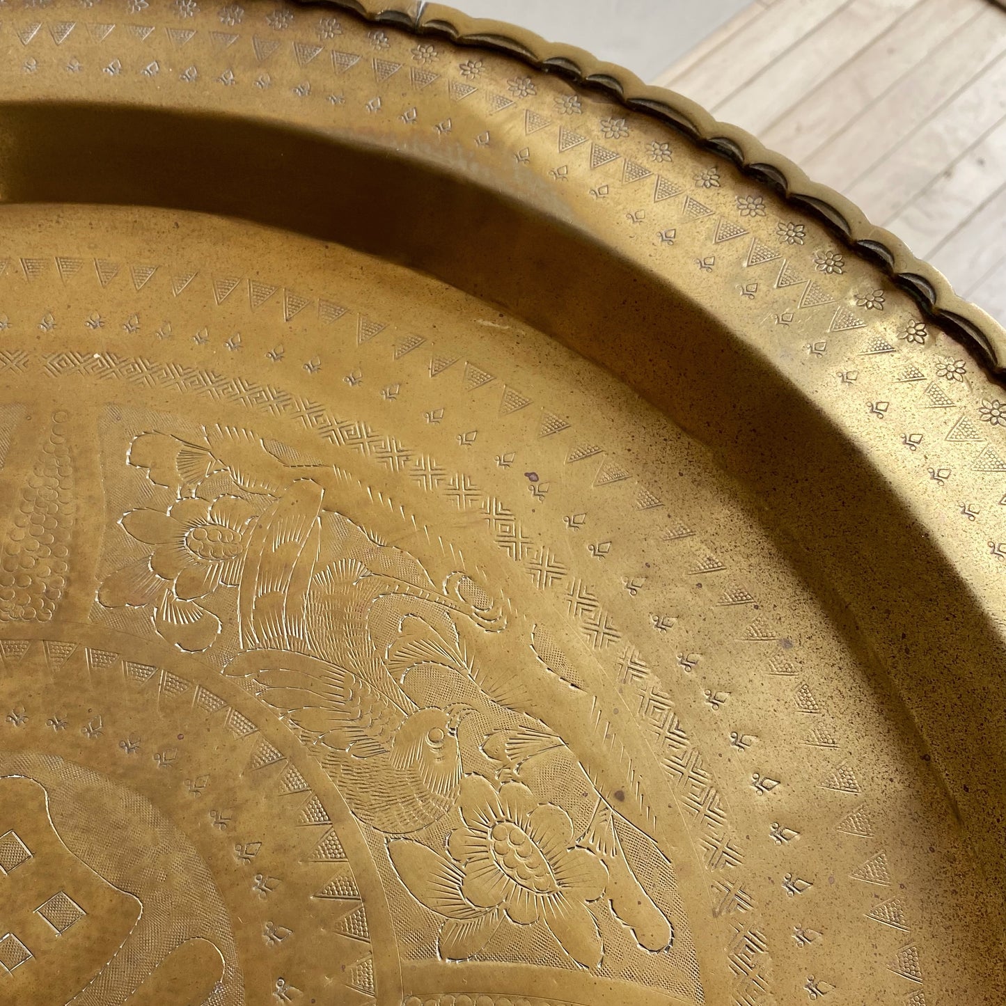 Vintage Carved Wood and Brass Tray Table