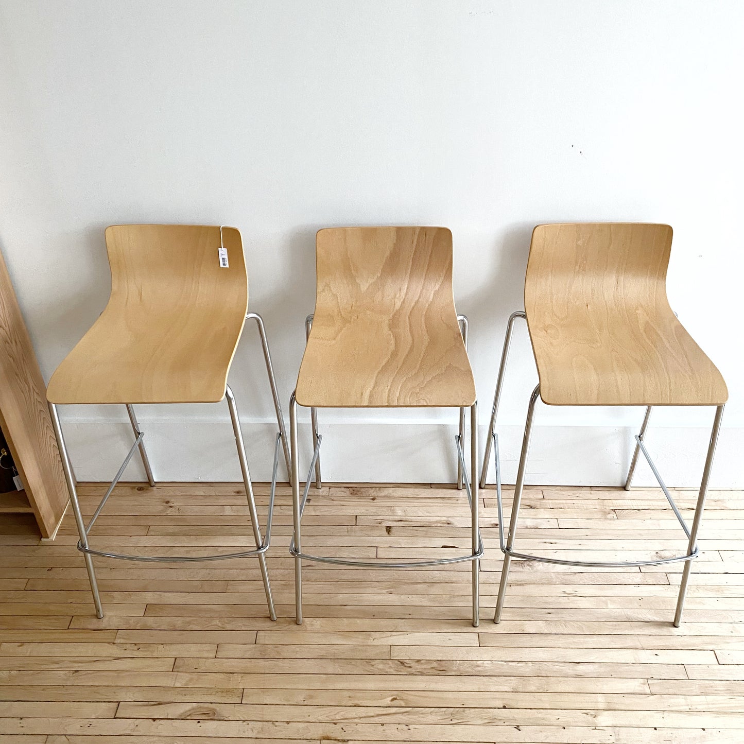 S/3 Contemporary Wood + Chrome Bar Stools