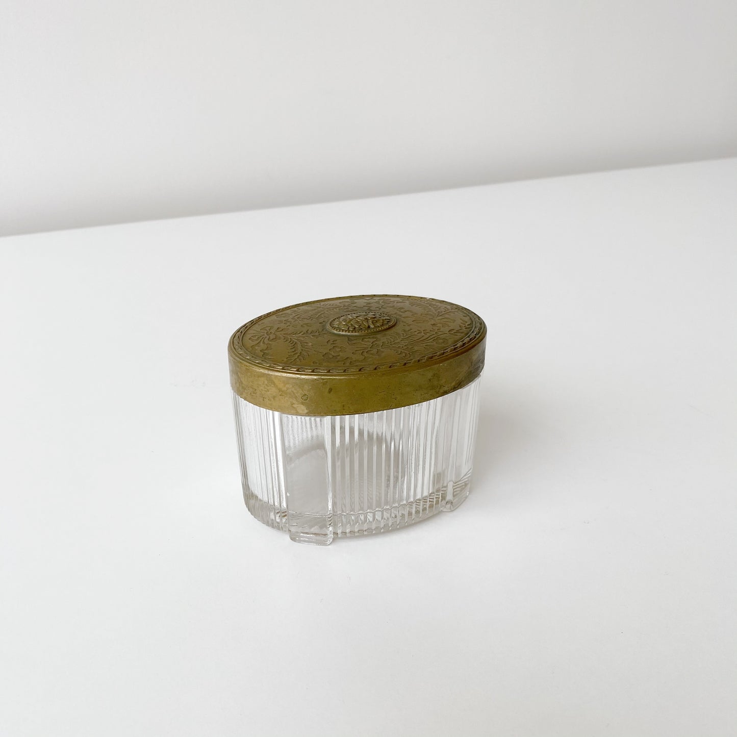 Vintage Victorian Glass Vanity Jar with Brass Lid