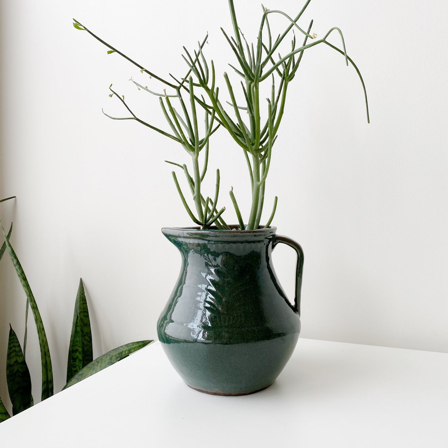 X-Large Handcrafted Green Stoneware Pitcher Vase