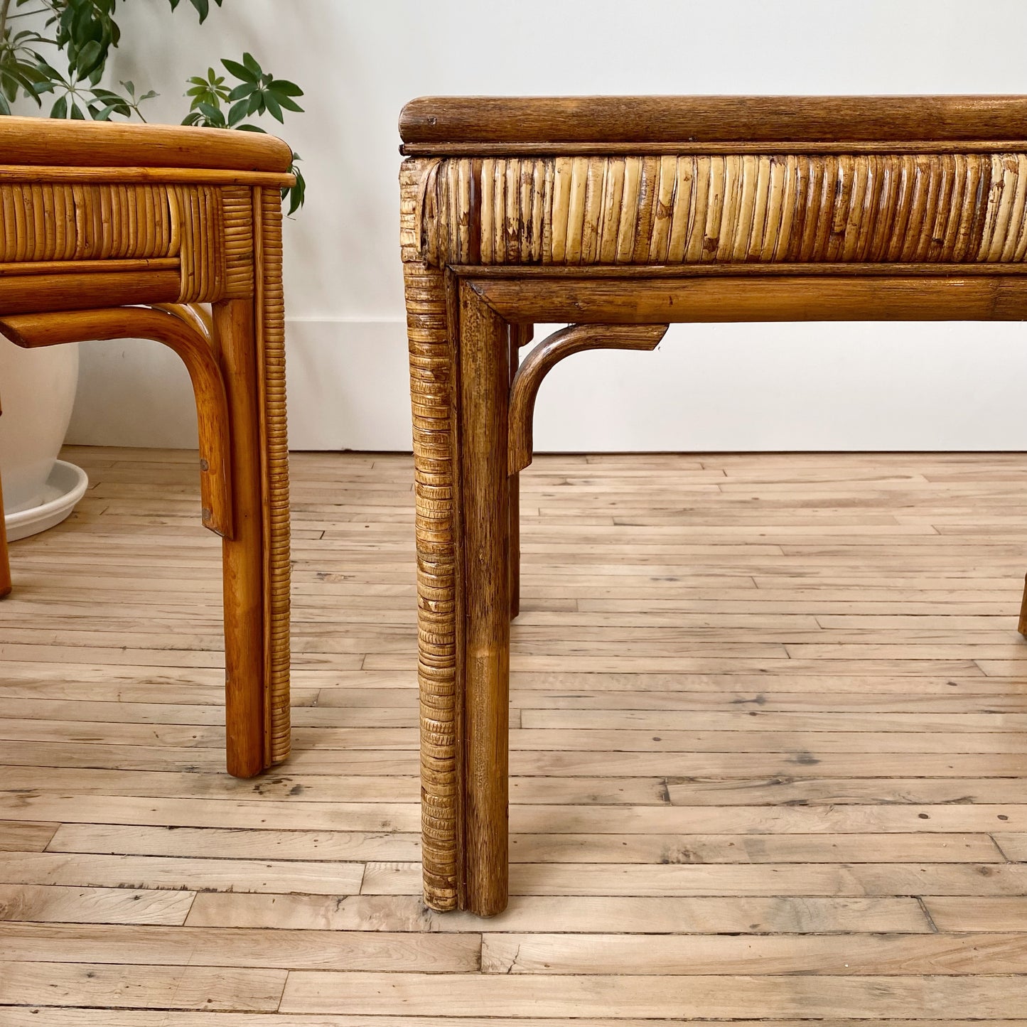 Vintage Rattan + Glass End Table / Side Table