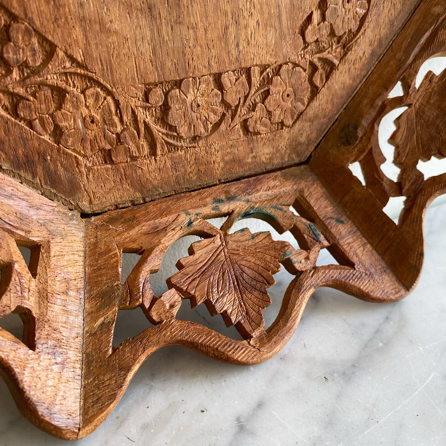 Vintage Wood Tray with Flower + Leaf Design