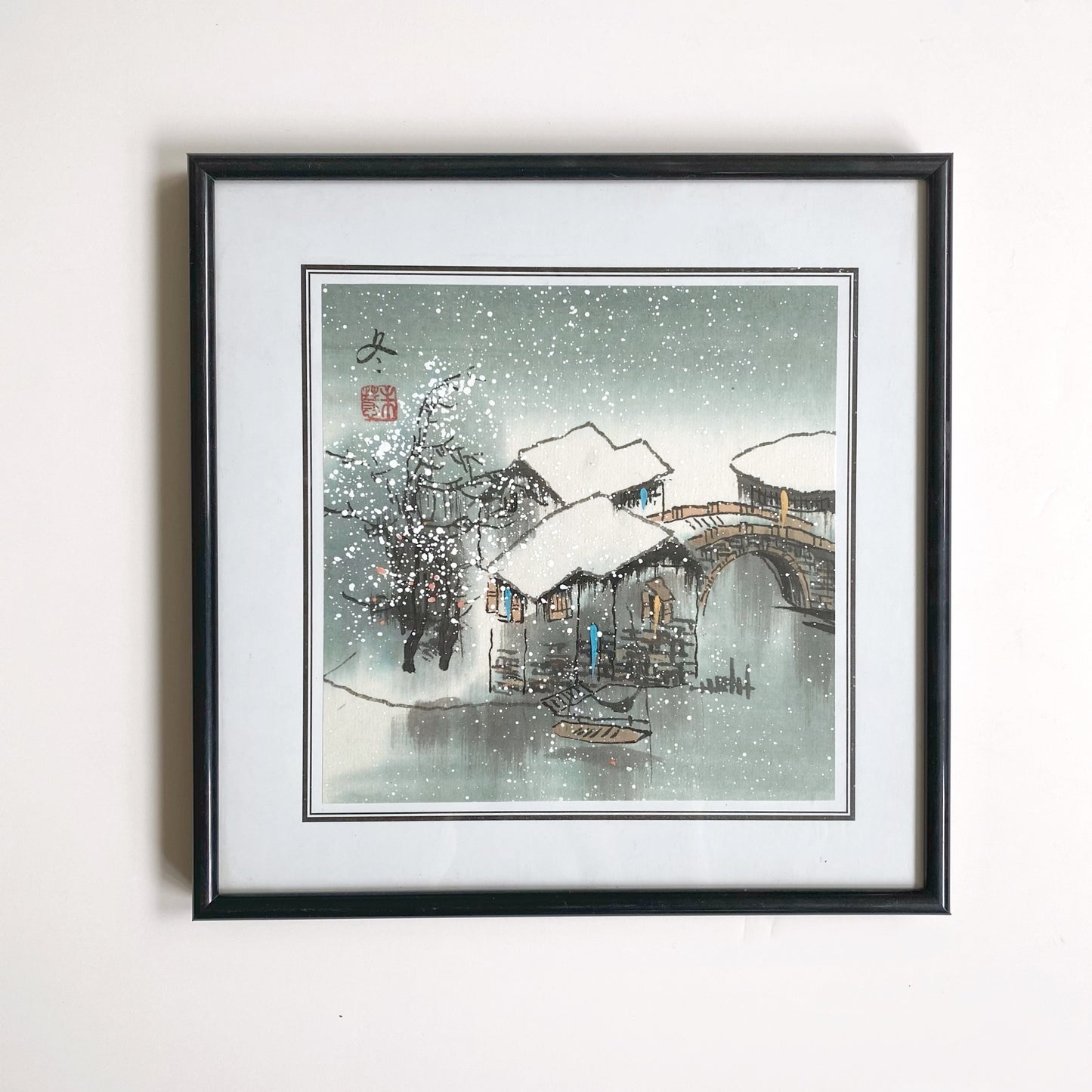 Vintage Framed Art Print, Japanese Woodcut, 8x8