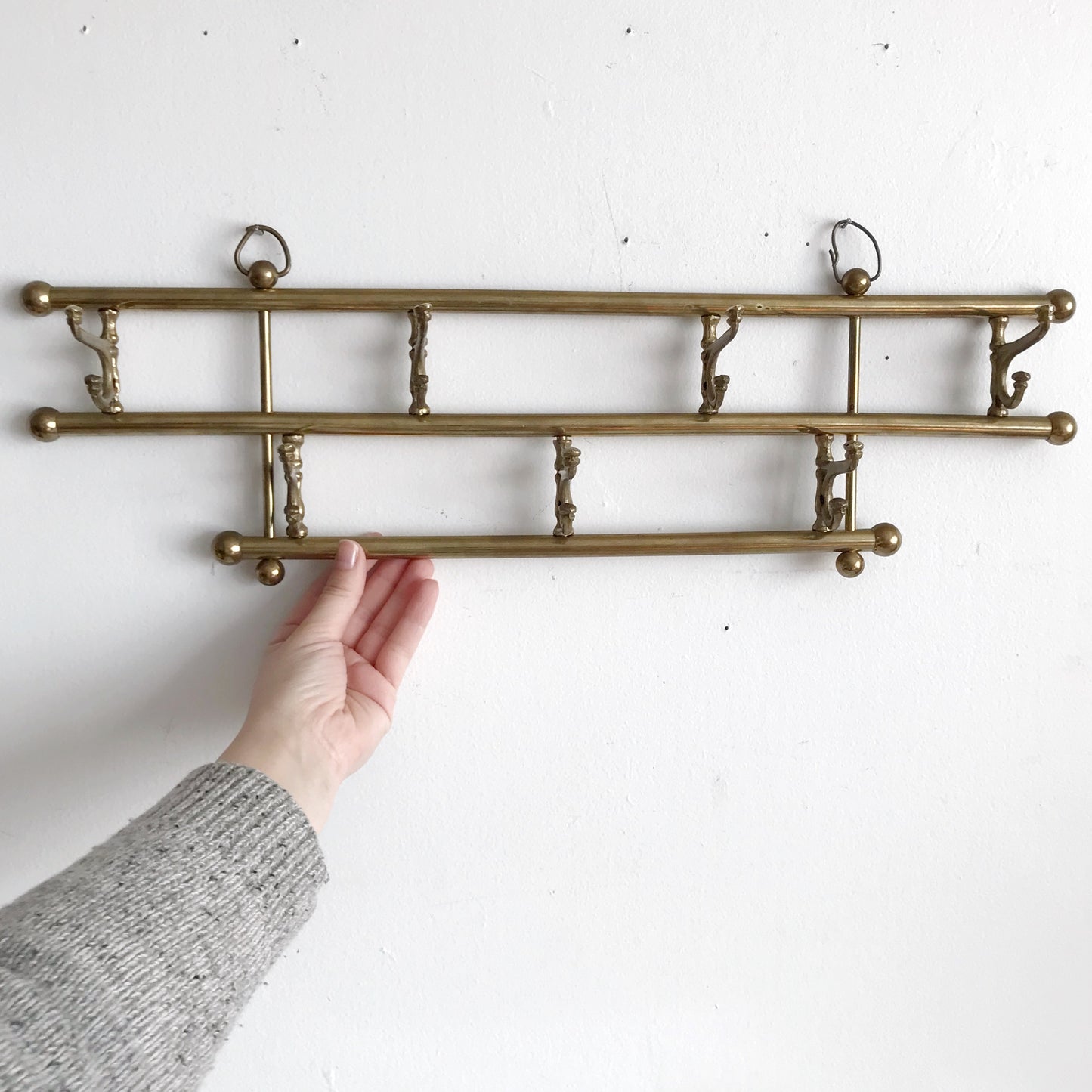 Vintage Solid Brass Coat Rack, 7 Double Hooks