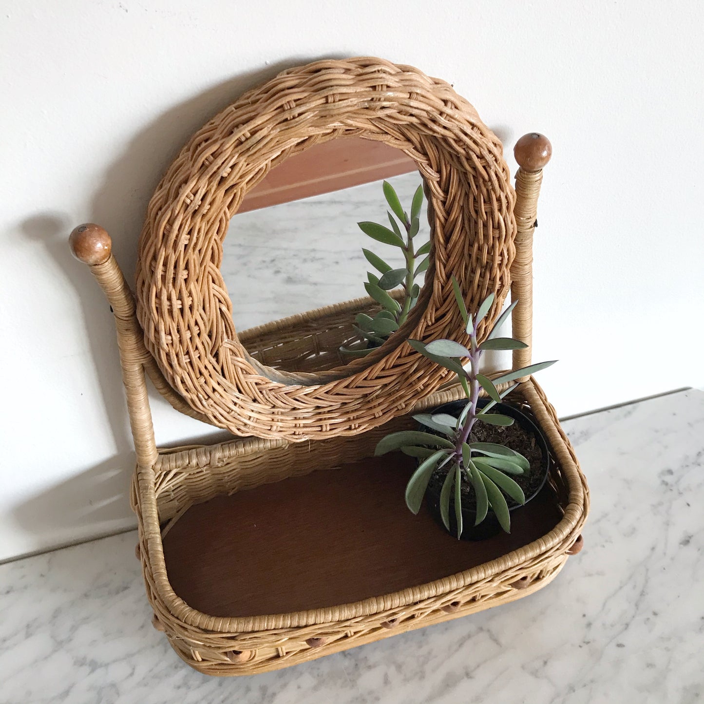 Vintage Wicker Vanity Shelf with Mirror