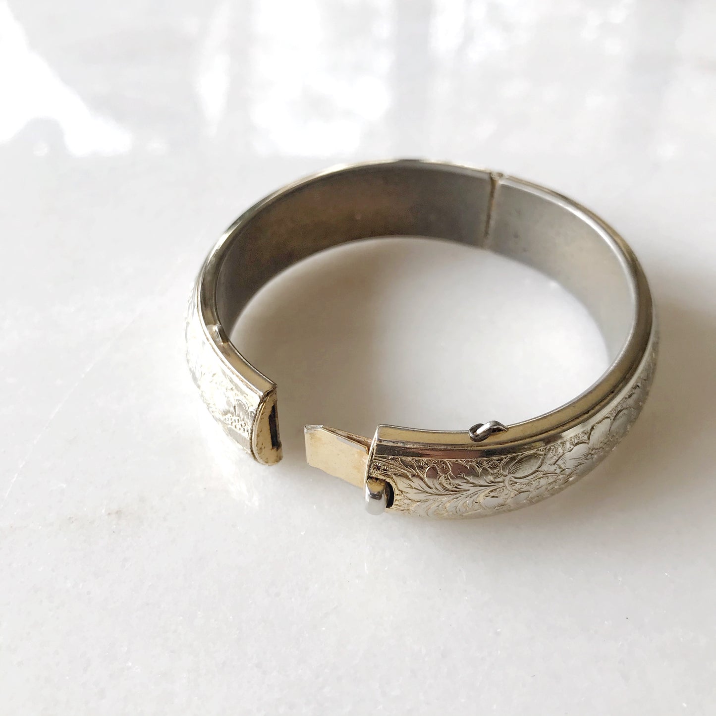 Vintage Silver Etched Floral Clip Bracelet