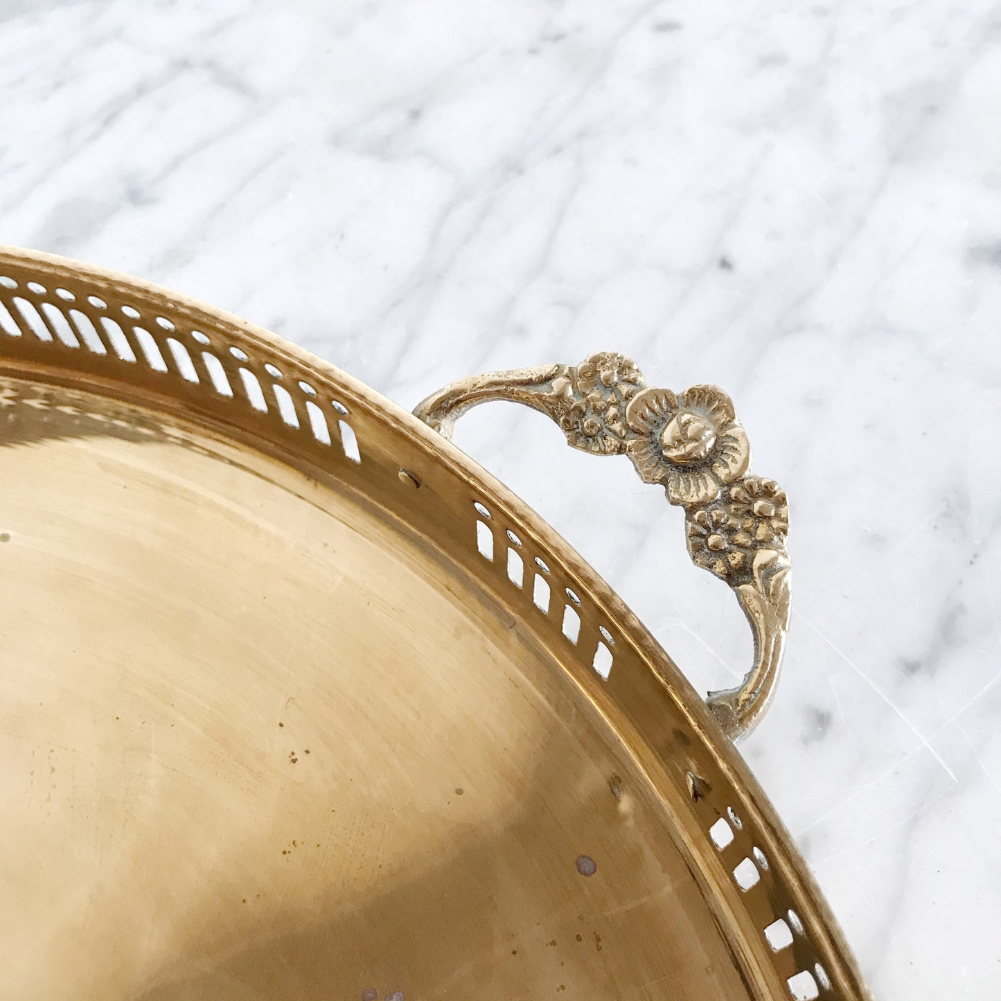 XL Vintage Brass Tray with Floral Handles, 13”
