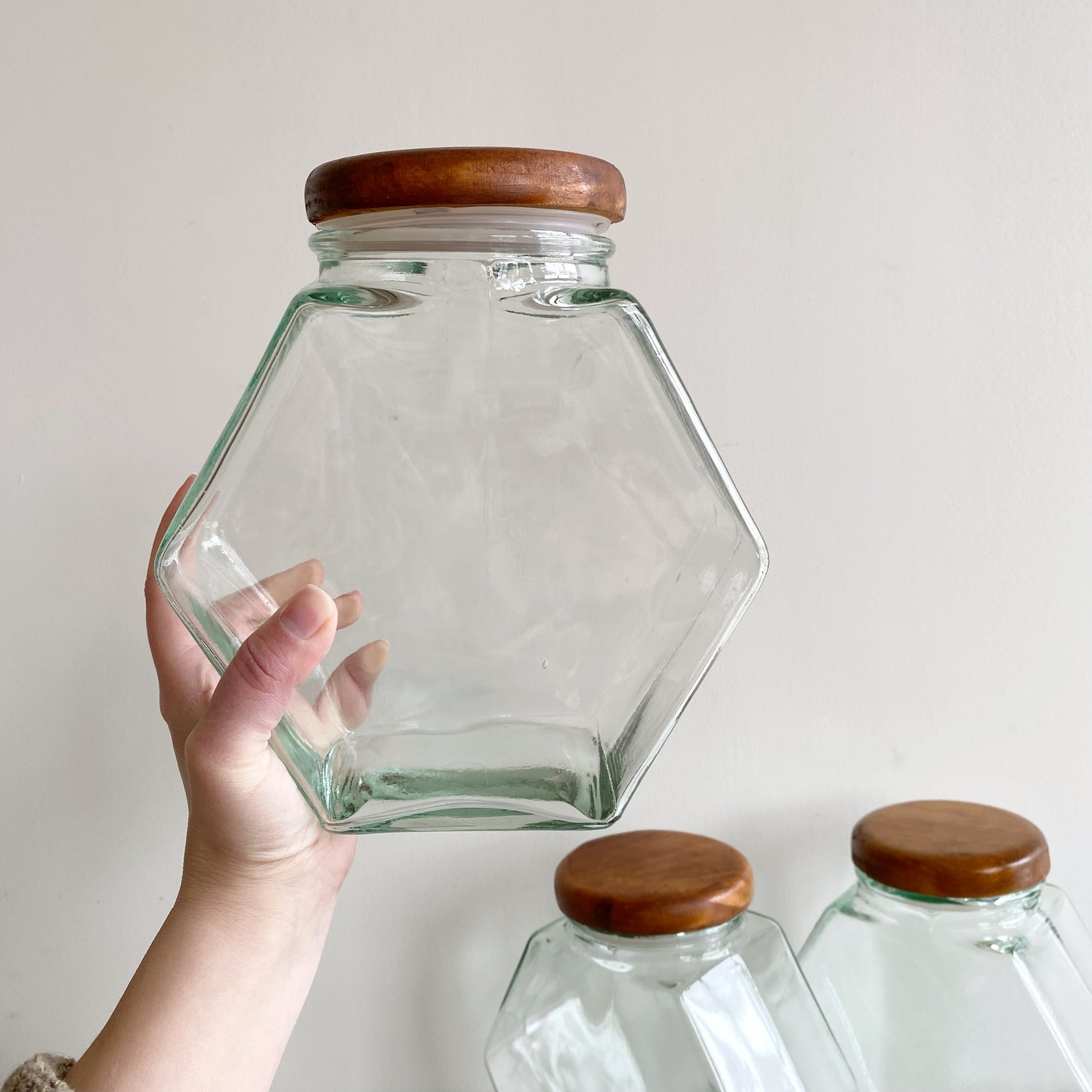 Vintage Glass Hexagon Container with Wood Lid