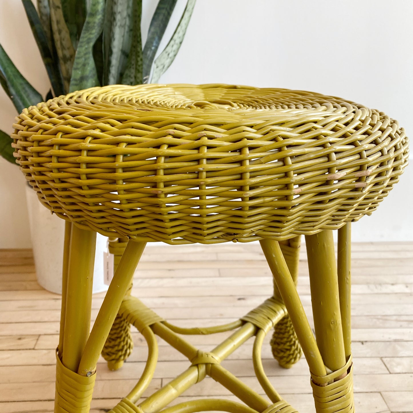 Vintage Wicker Stool, Mustard