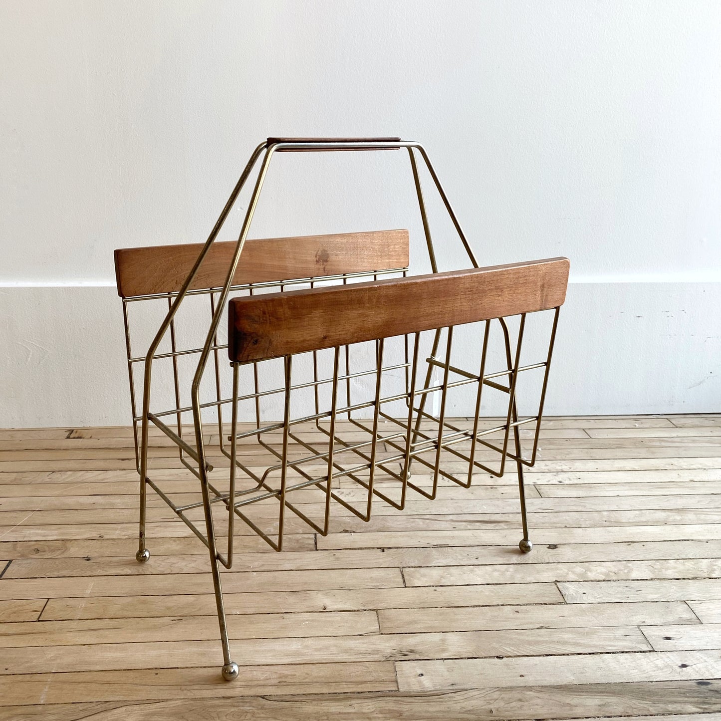 Vintage MCM Wire + Wood Magazine Rack