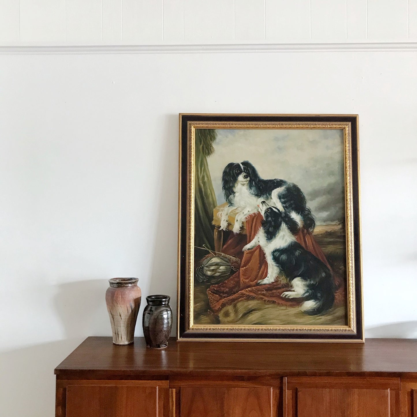 XL Vintage Framed Oil Painting of Spaniels (33.5 x 41.5)
