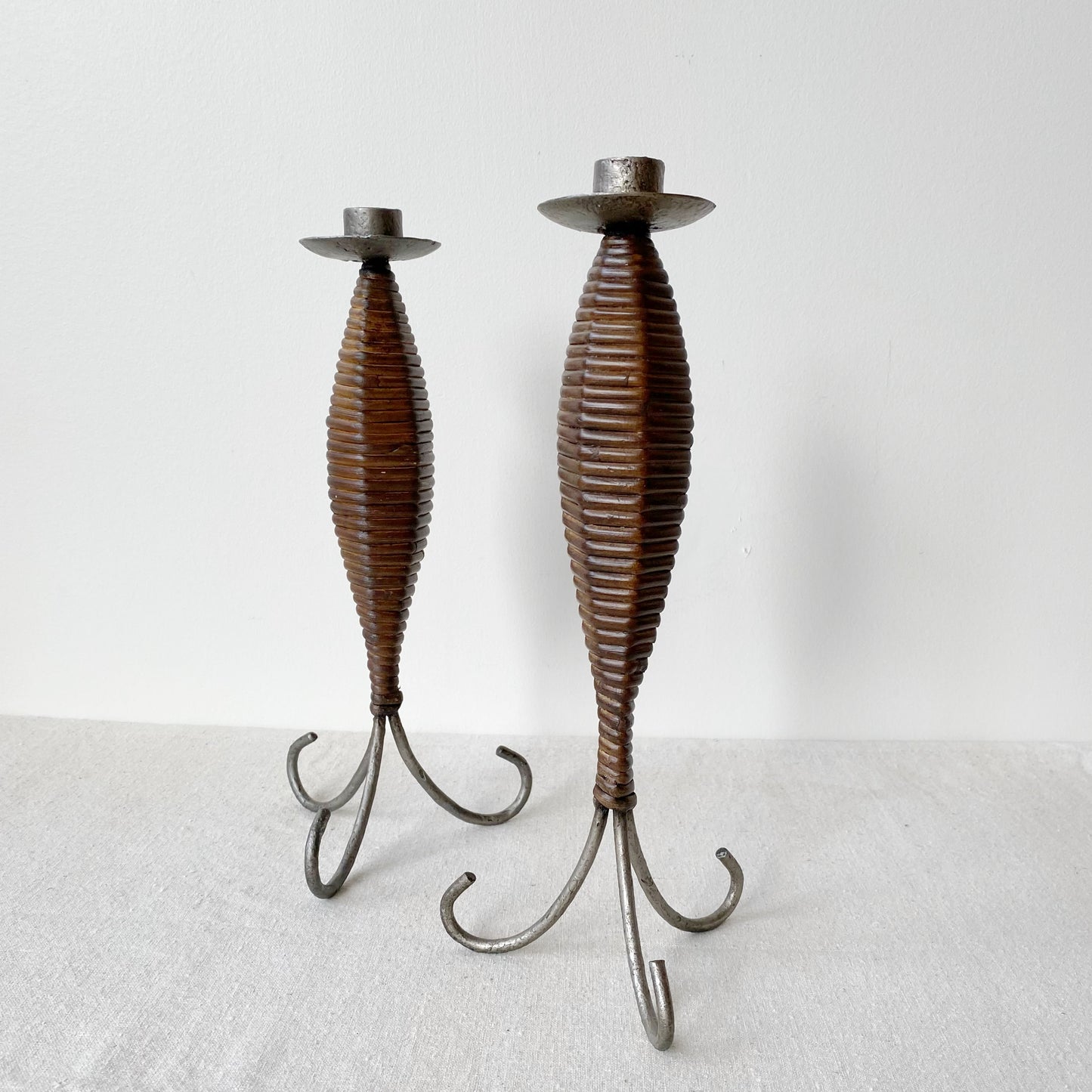 Pair of Vintage Wicker and Metal Candle Holders