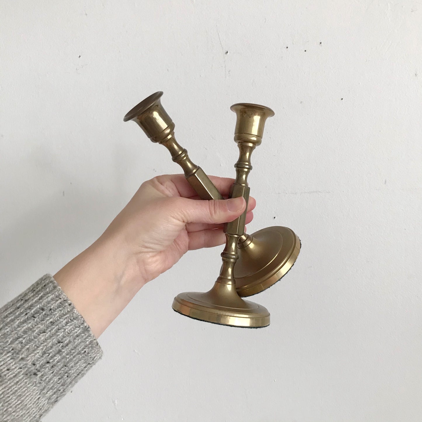 Pair of Vintage Brass Hex Candle Holders