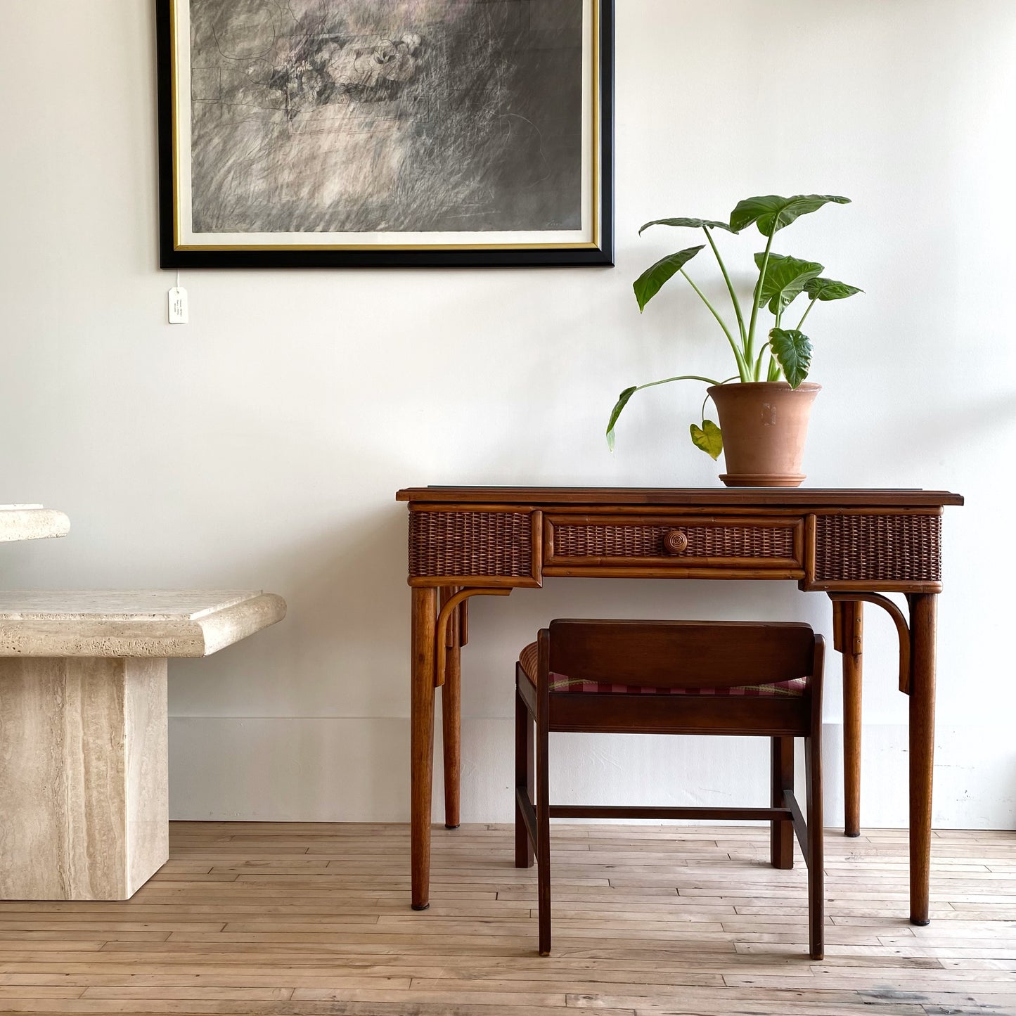 Dark Wicker Desk / Vanity with Glass Top