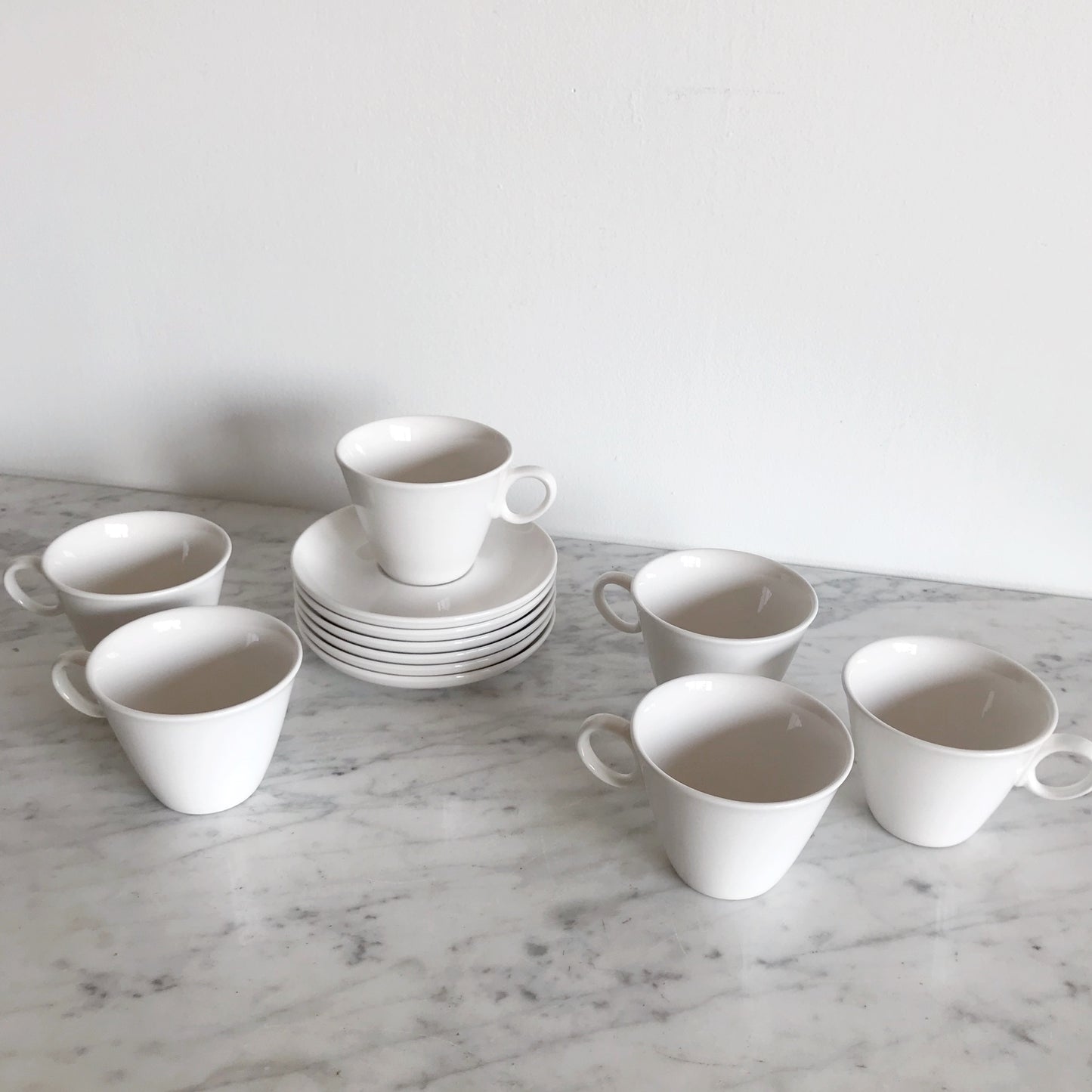 Vintage White Ceramic Cups + Saucers, 12-pc Set