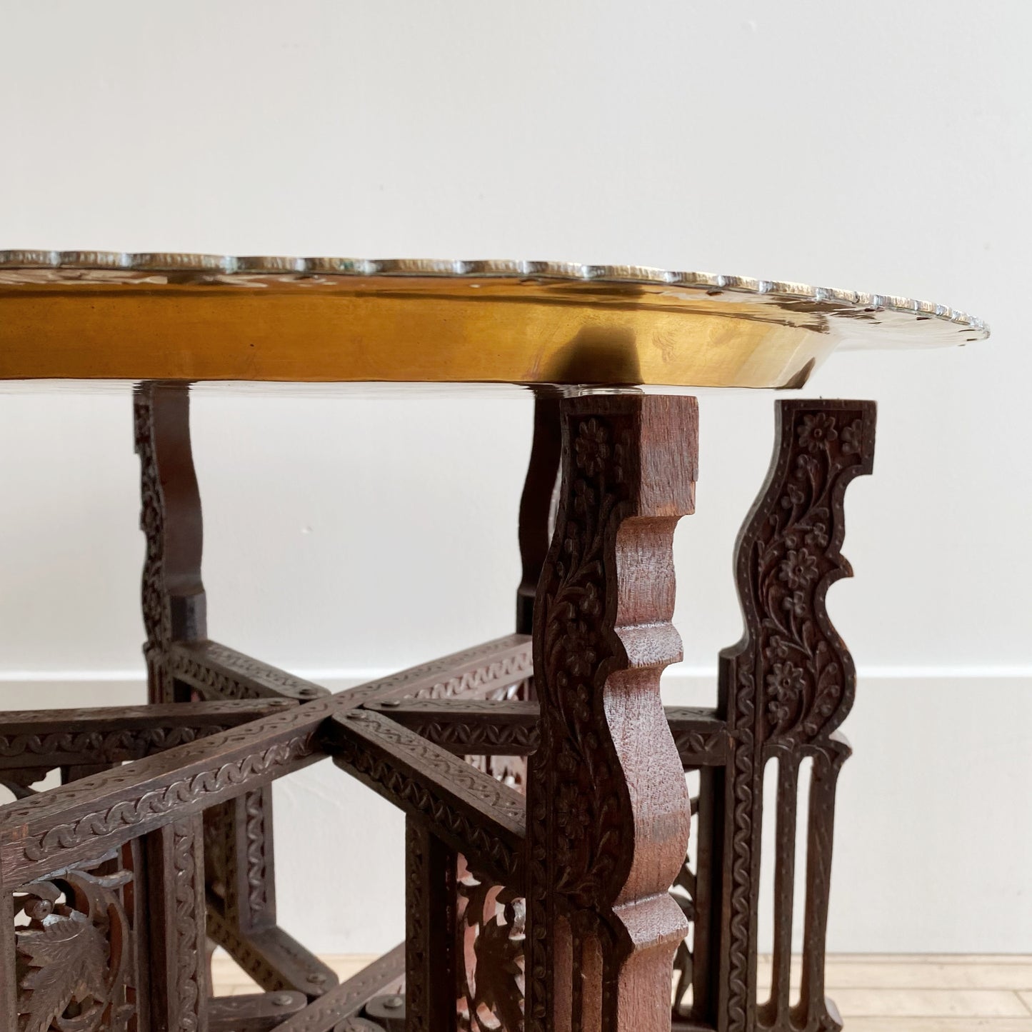 Vintage Carved Wood and Brass Tray Table
