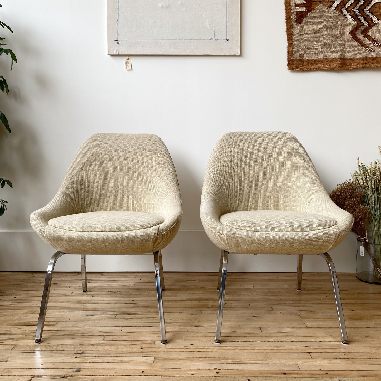 Vintage Upholstered Lounge Chair with Chrome Base