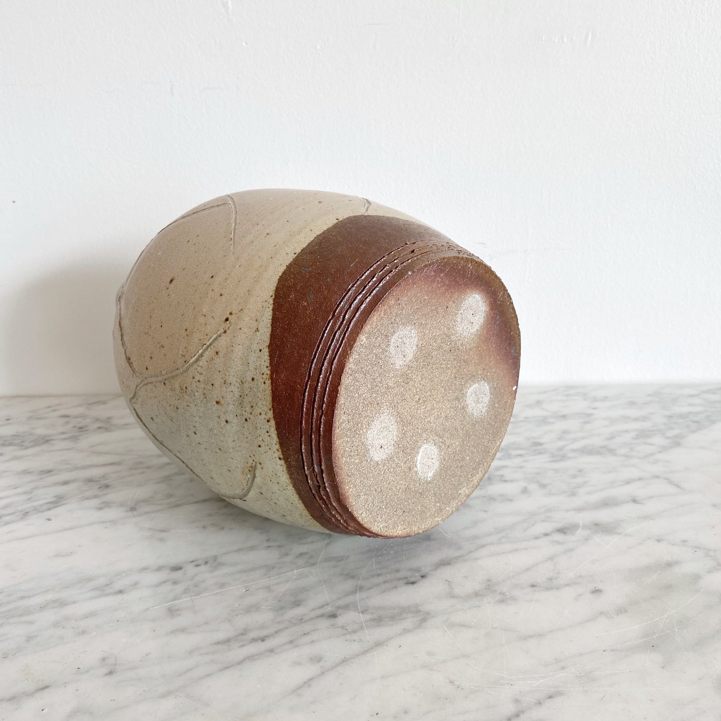 Vintage Pottery Jug with Etched Mountains