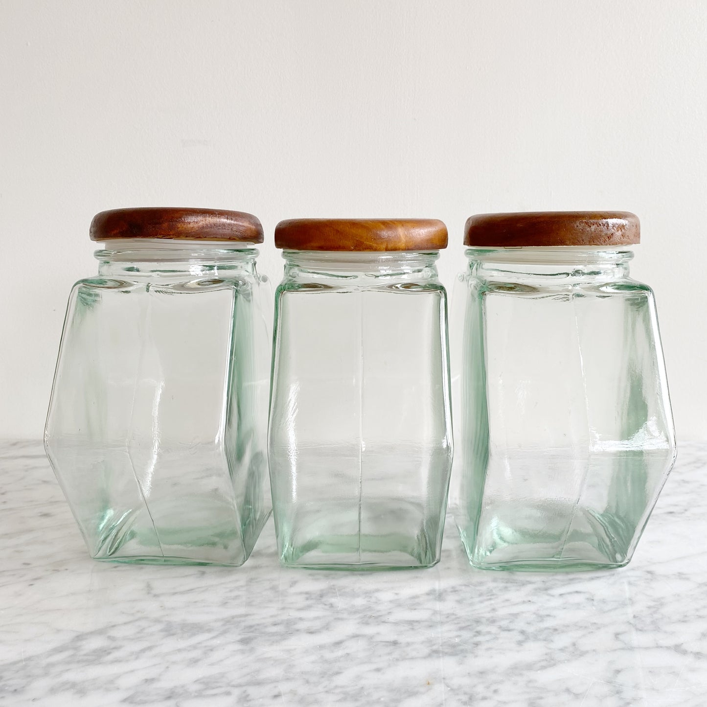 Vintage Glass Hexagon Container with Wood Lid