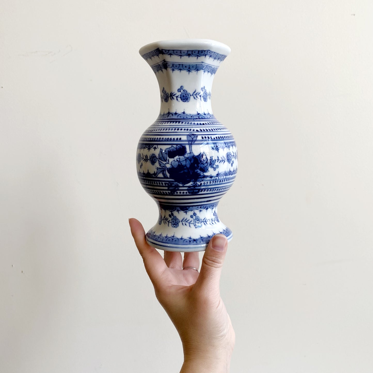 Vintage Blue + White Porcelain Vase, 8"