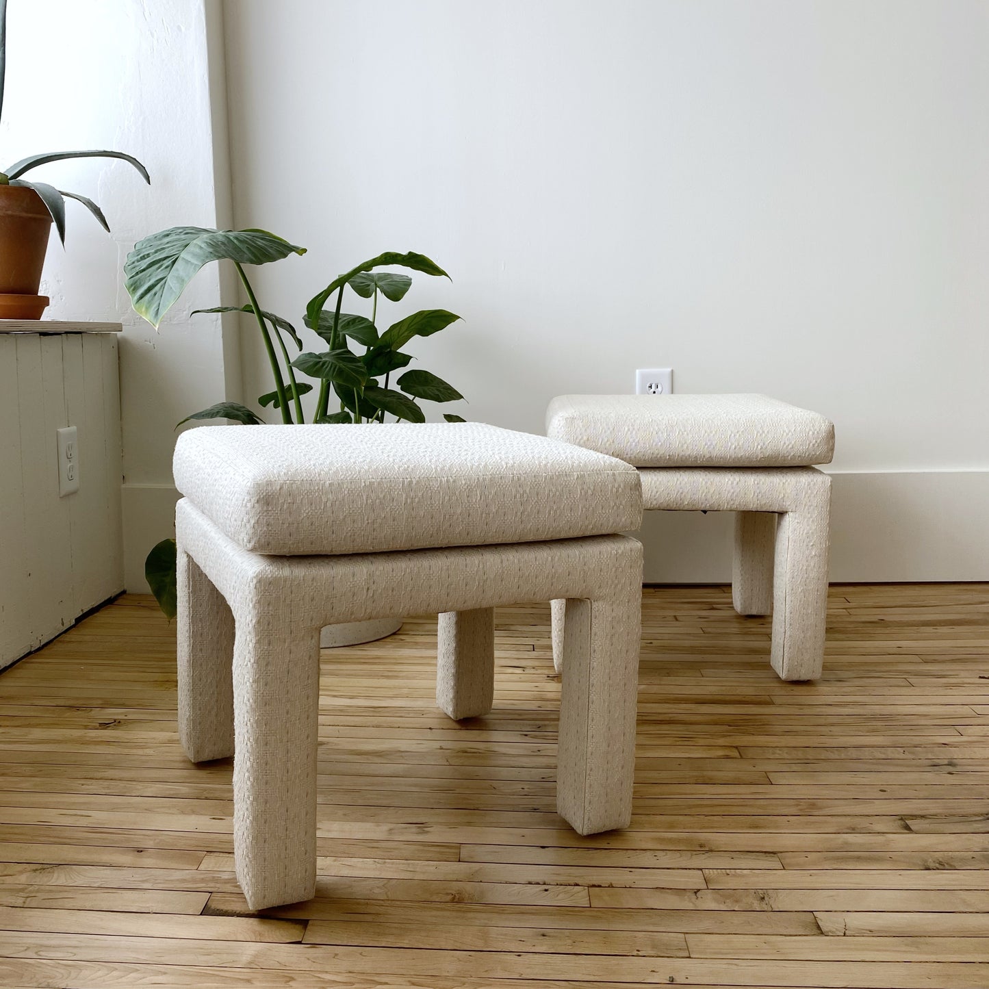 Pair of Vintage Upholstered Parsons Stools by Drexel
